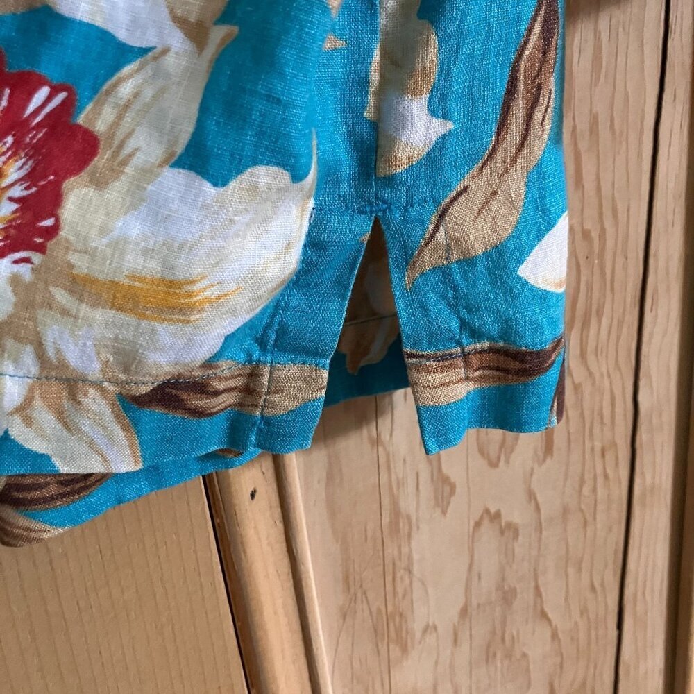 Jones New York Vintage 90s Floral Linen Hawaiian Shirt Small Petite Blue SP EXC - Picture 8 of 11